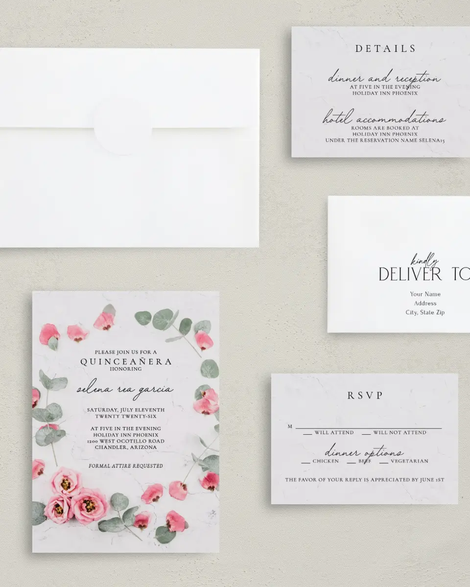 This is a 5" x 7" Quinceanera Invitation called Lovely Blooms printed in full color on Premium Smooth paper