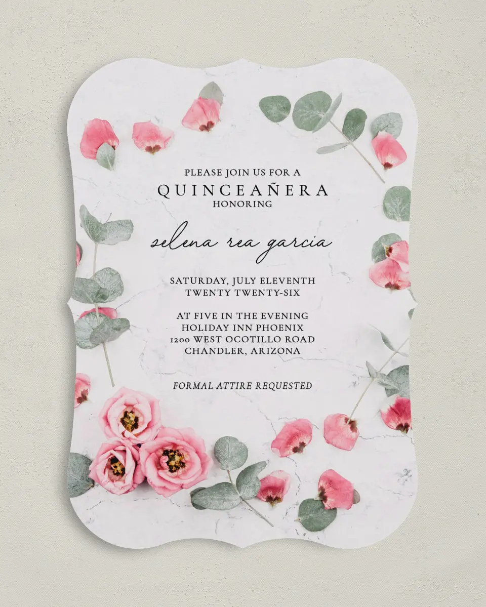 This is a 5" x 7" Quinceanera Invitation called Lovely Blooms printed in full color on Premium Smooth paper