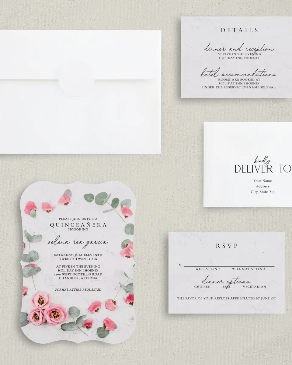 This is a 5" x 7" Quinceanera Invitation called Lovely Blooms printed in full color with Silver foil on Luxe Satin (coated) paper