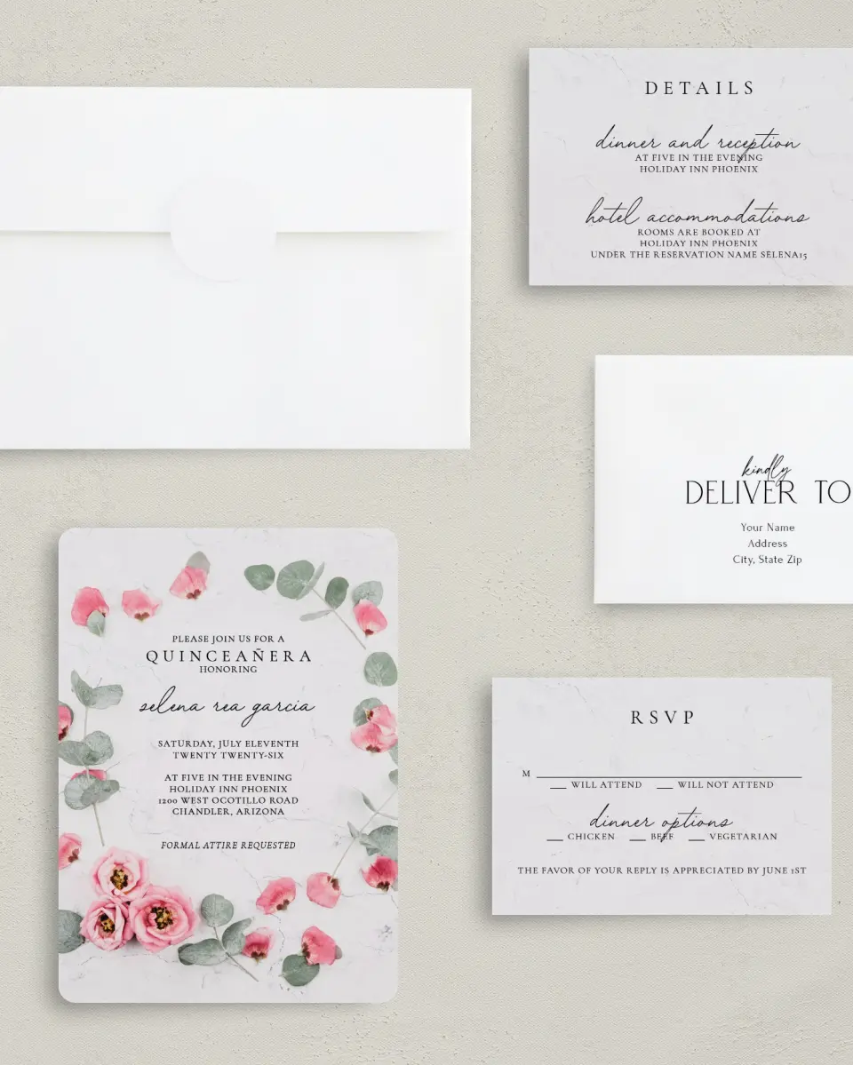 This is a 5" x 7" Quinceanera Invitation called Lovely Blooms printed in full color with Silver foil on Luxe Satin (coated) paper