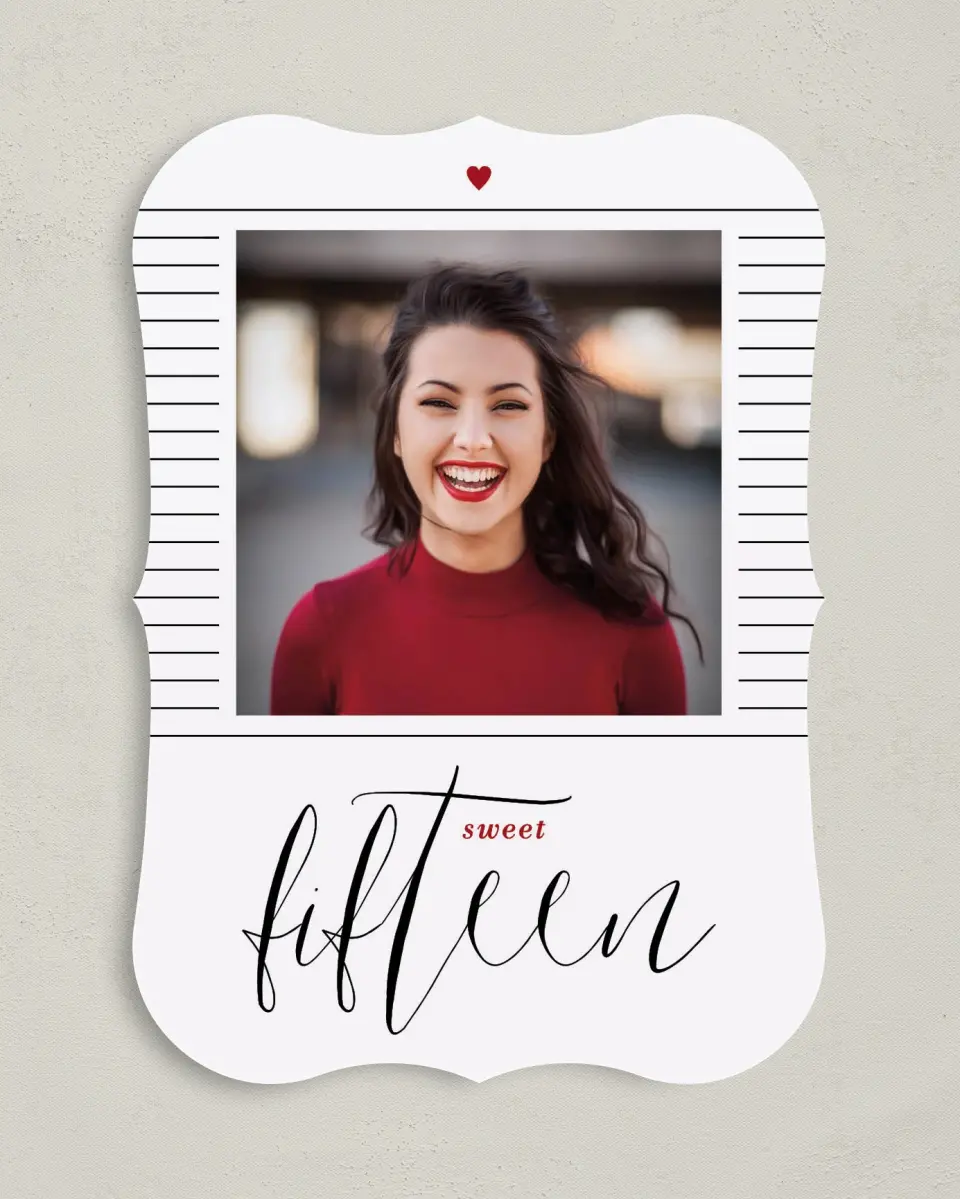 This is a 5" x 7" Quinceanera Invitation called Showy Sweet Fifteen printed in full color on Premium Smooth paper
