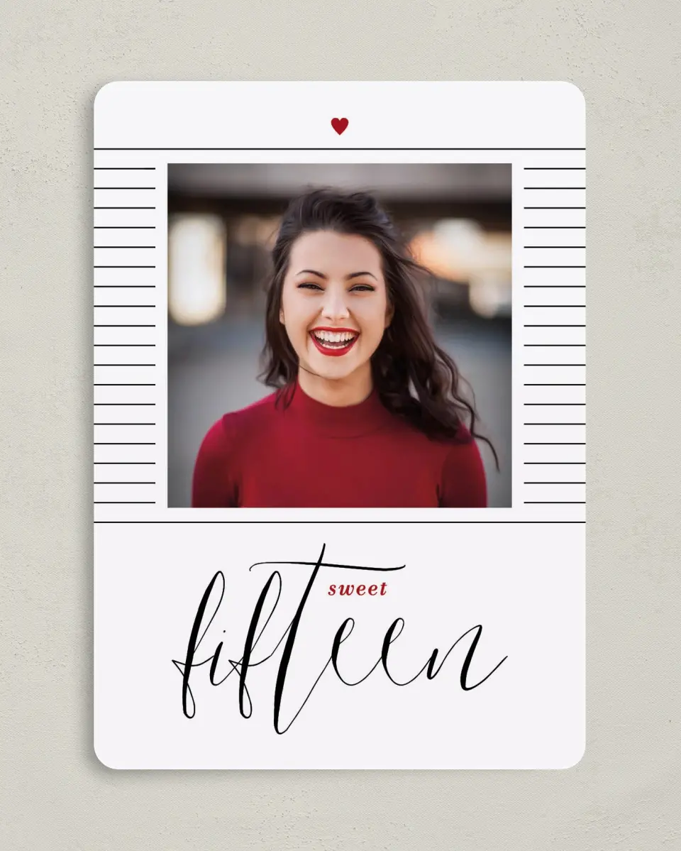 This is a 5" x 7" Quinceanera Invitation called Showy Sweet Fifteen printed in full color on Premium Smooth paper
