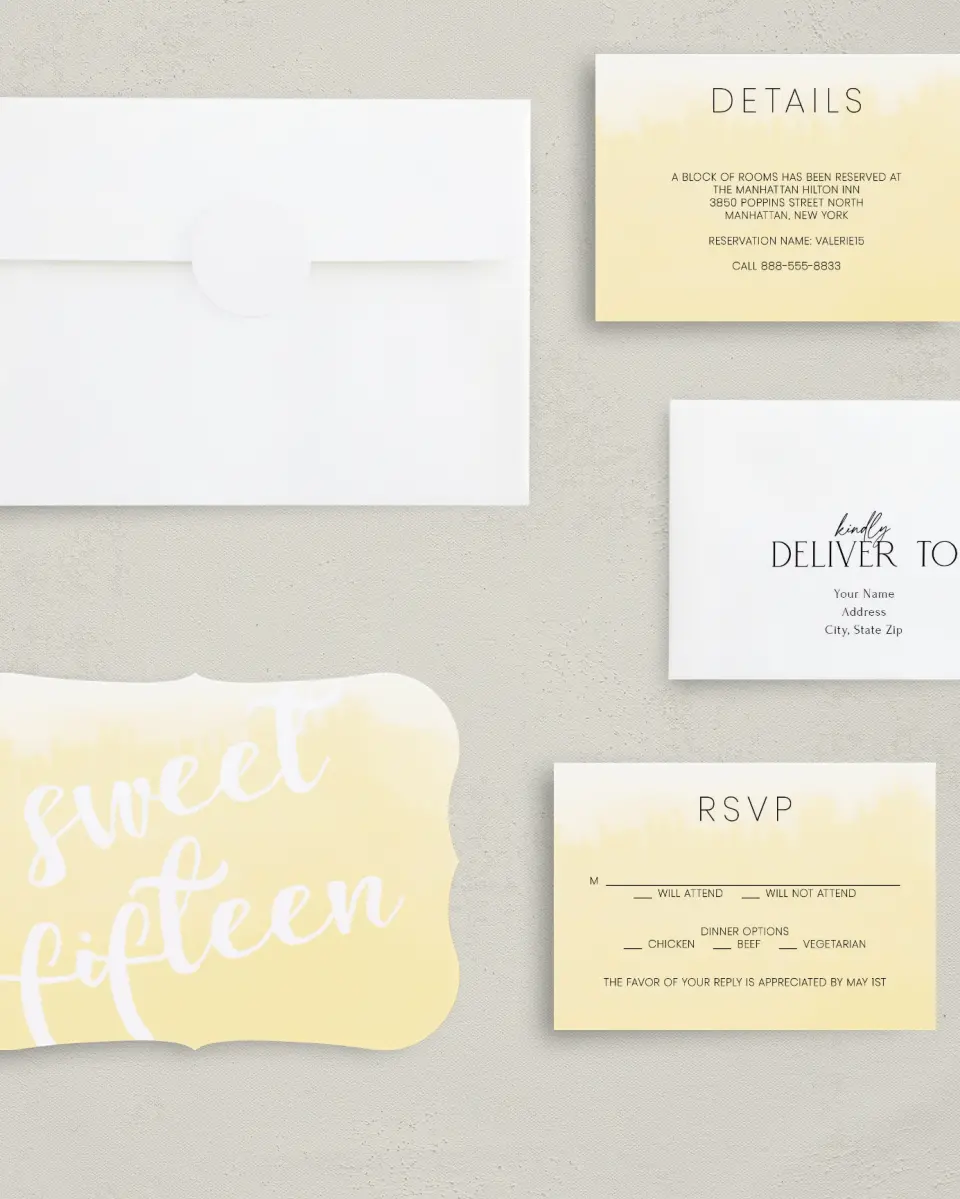 This is a 5" x 7" Quinceanera Invitation called Delicate Watercolor printed in full color with Silver foil on Luxe Satin (coated) paper