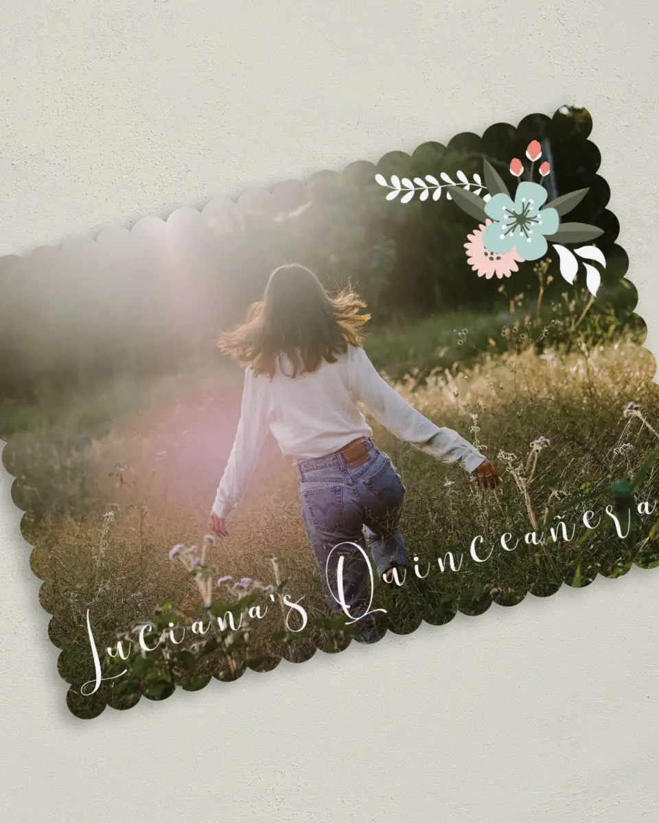 This is a 5" x 7" Quinceanera Invitation called Framed Florets printed in full color on Premium Smooth paper