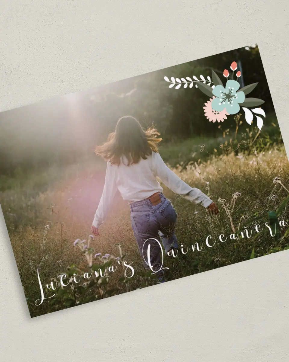 This is a 5" x 7" Quinceanera Invitation called Framed Florets printed in full color on Premium Smooth paper