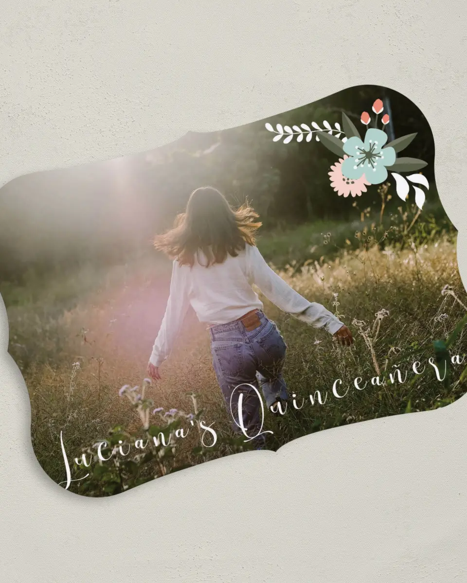 This is a 5" x 7" Quinceanera Invitation called Framed Florets printed in full color on Premium Smooth paper