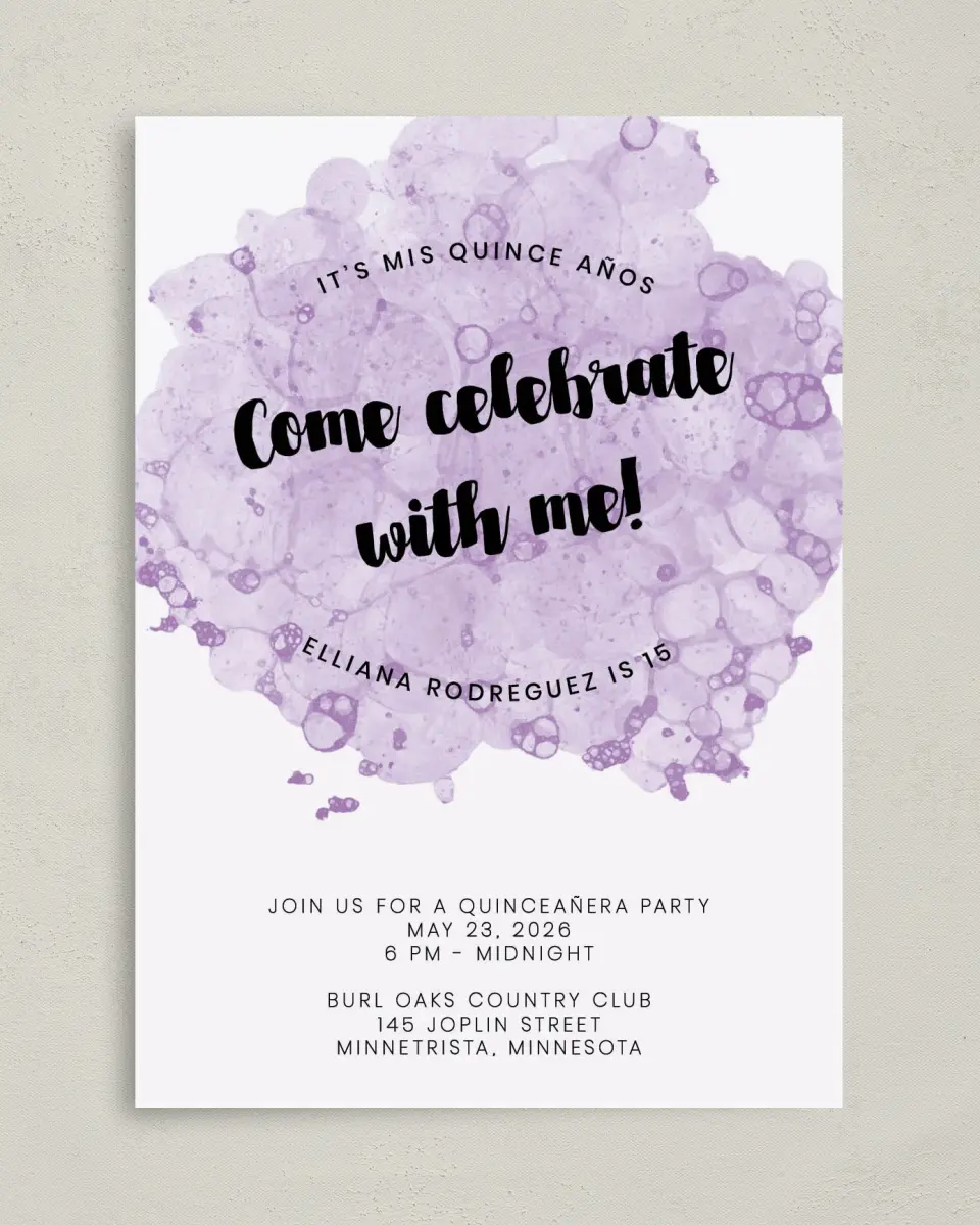 This is a 5" x 7" Quinceanera Invitation called Inky Delight printed in full color on Premium Smooth paper
