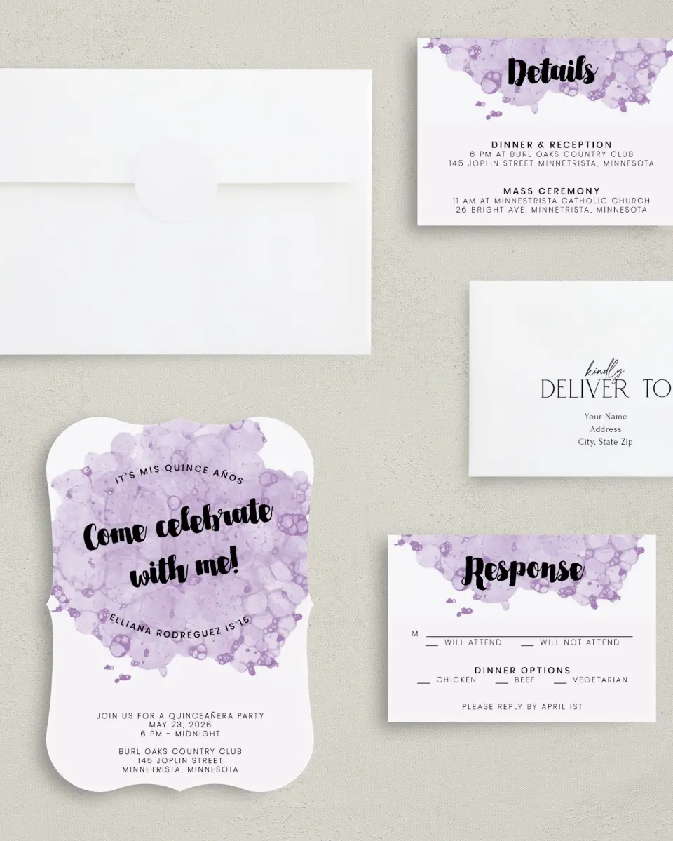 This is a 5" x 7" Quinceanera Invitation called Inky Delight printed in full color with Rose Gold foil on Luxe Satin (coated) paper