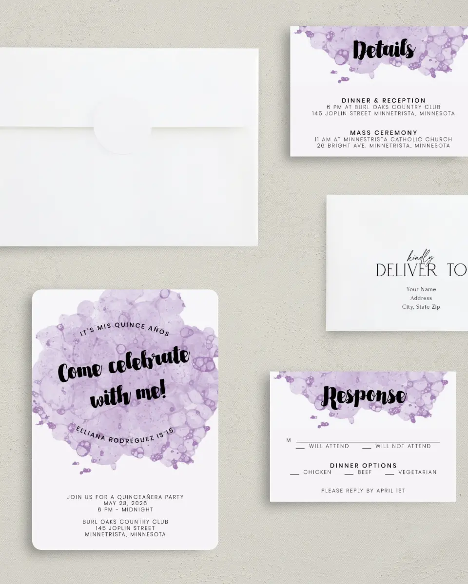 This is a 5" x 7" Quinceanera Invitation called Inky Delight printed in full color with Silver foil on Luxe Satin (coated) paper