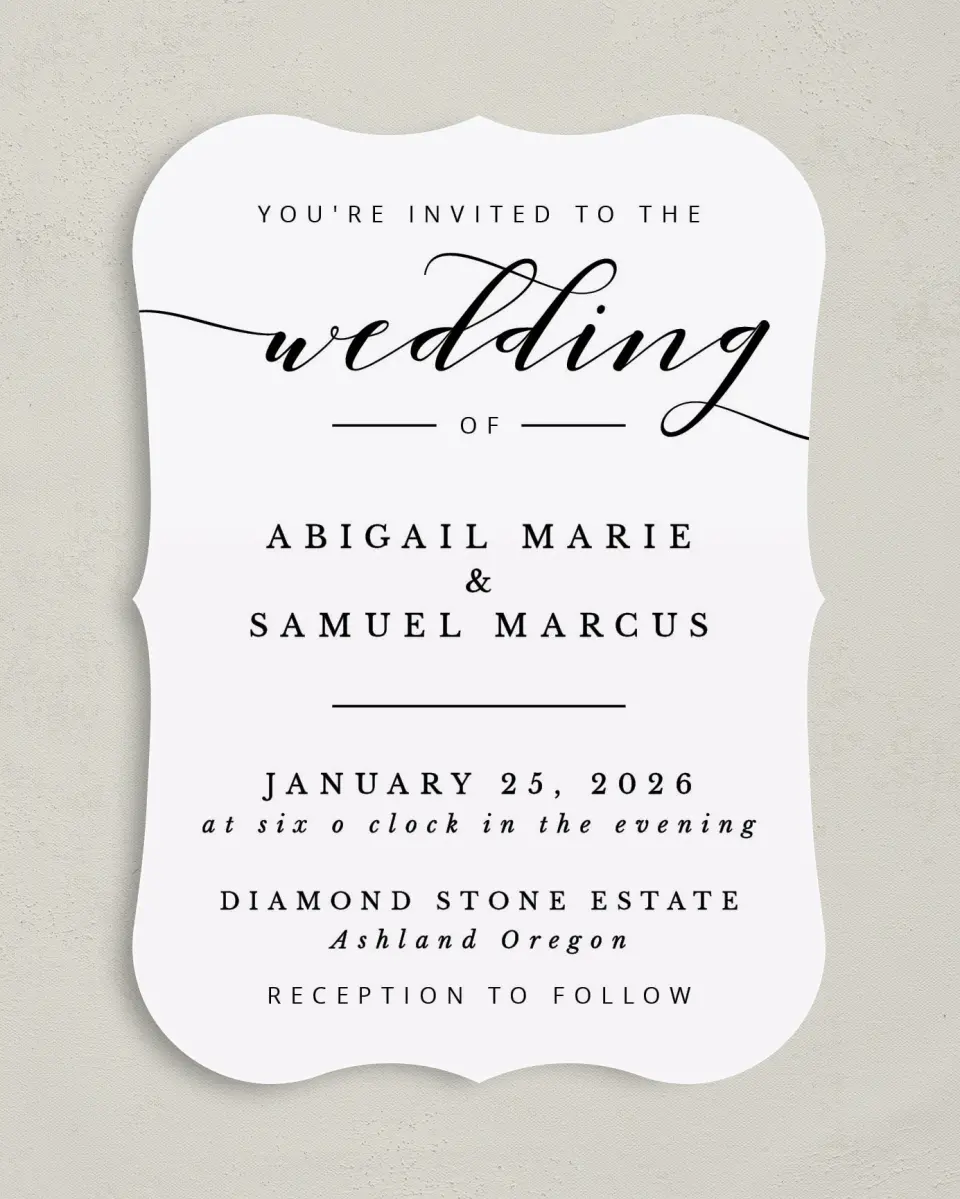 This is a 5" x 7" Bracket Wedding Invitation called Timeless Eloquence printed in full color on Premium Smooth paper