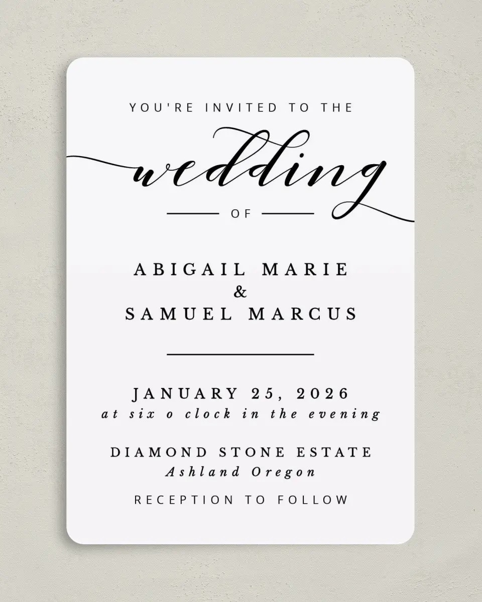 This is a 5" x 7" Rounded Wedding Invitation called Timeless Eloquence printed in full color on Premium Smooth paper