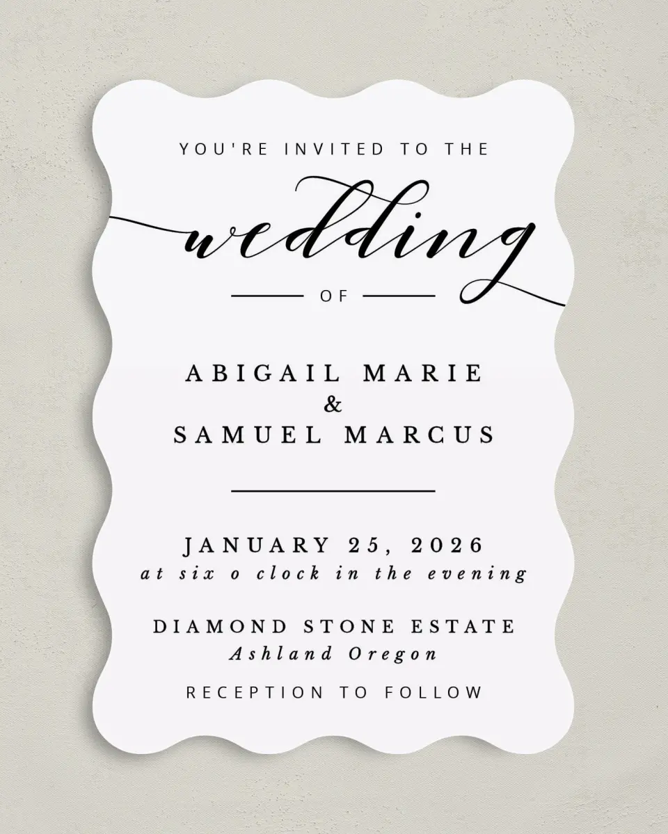 This is a 5" x 7" Wavy Wedding Invitation called Timeless Eloquence printed in full color on Premium Smooth paper