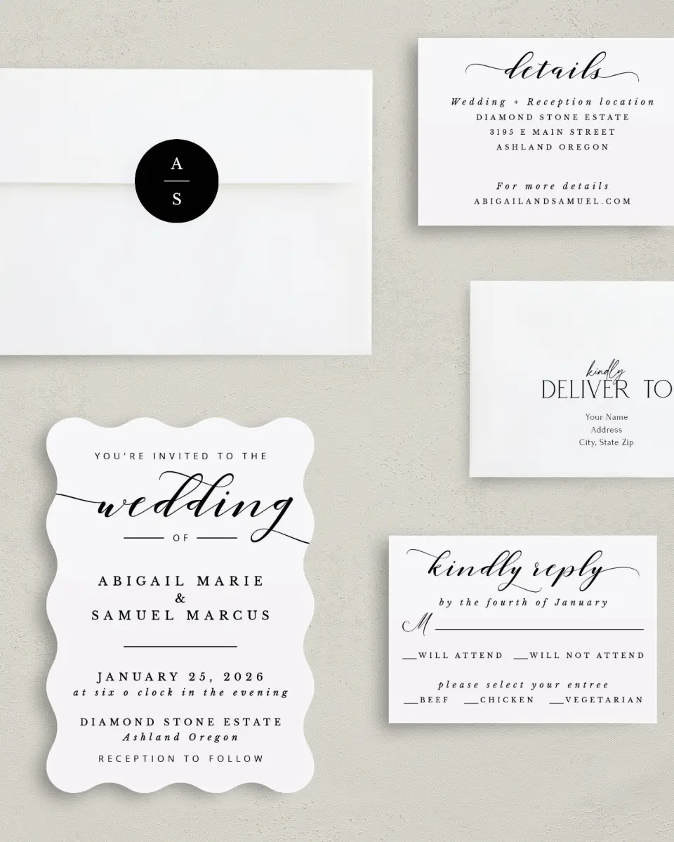 This is a 5" x 7" Wavy Wedding Invitation called Timeless Eloquence printed in full color on Premium Smooth paper