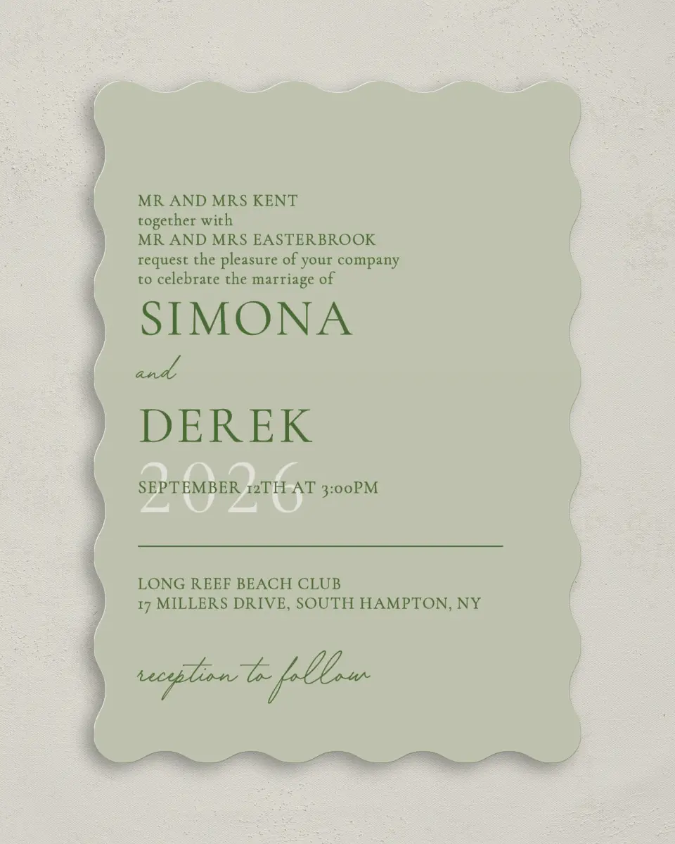 This is a 5" x 7" Wavy Wedding Invitation called Rustic Grace printed in full color on Premium Smooth paper