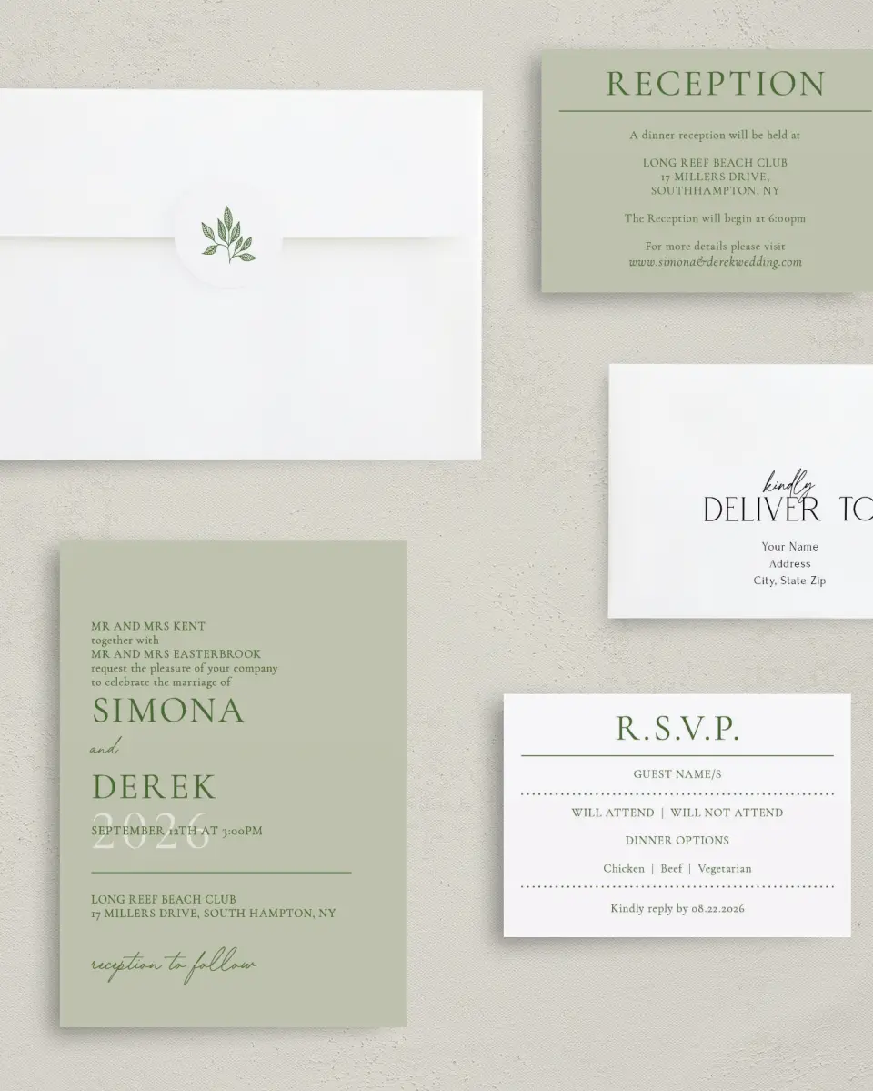 This is a 5" x 7" Classic Wedding Invitation called Rustic Grace printed in full color with Gold foil on Luxe Satin (coated) paper
