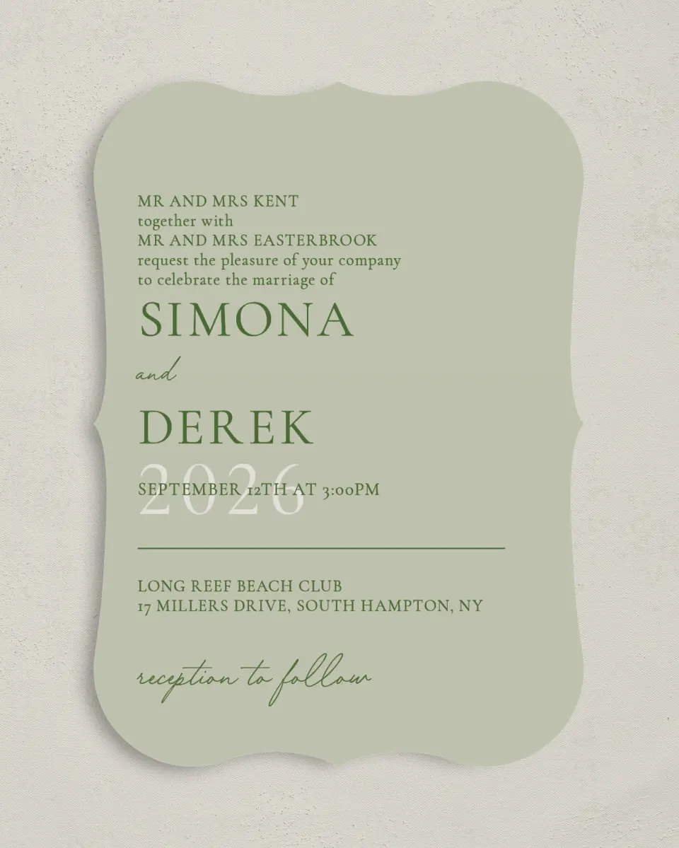 This is a 5" x 7" Bracket Wedding Invitation called Rustic Grace printed in full color on Premium Smooth paper
