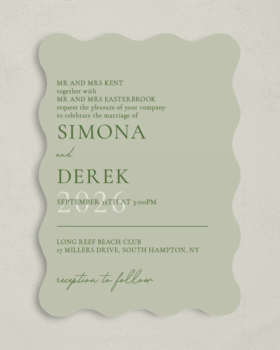 This is a 5" x 7" Wavy Wedding Invitation called Rustic Grace printed in full color on Premium Smooth paper