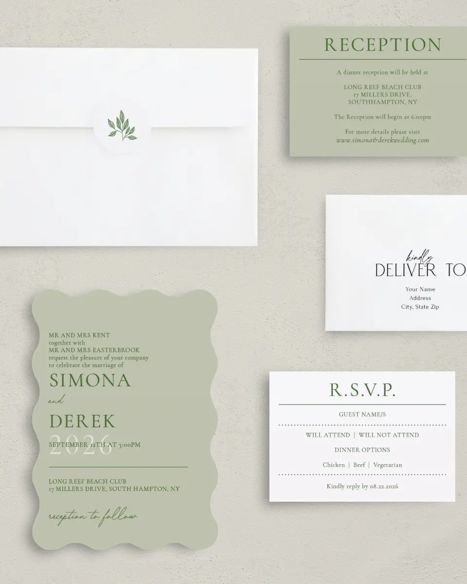 This is a 5" x 7" Wavy Wedding Invitation called Rustic Grace printed in full color with Gold foil on Luxe Satin (coated) paper