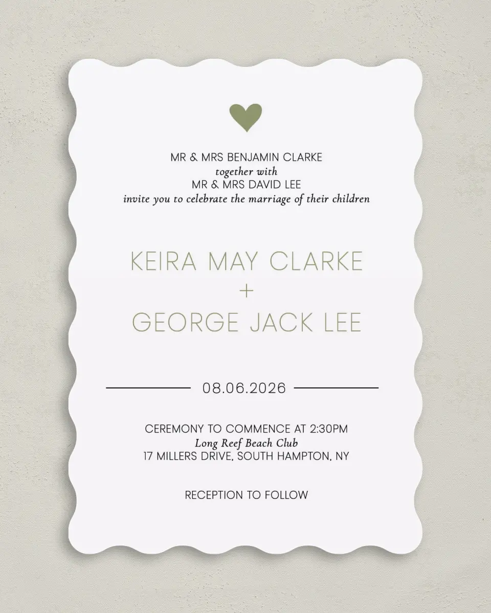This is a 5" x 7" Wavy Wedding Invitation called Heavenly Hearts printed in full color on Premium Smooth paper