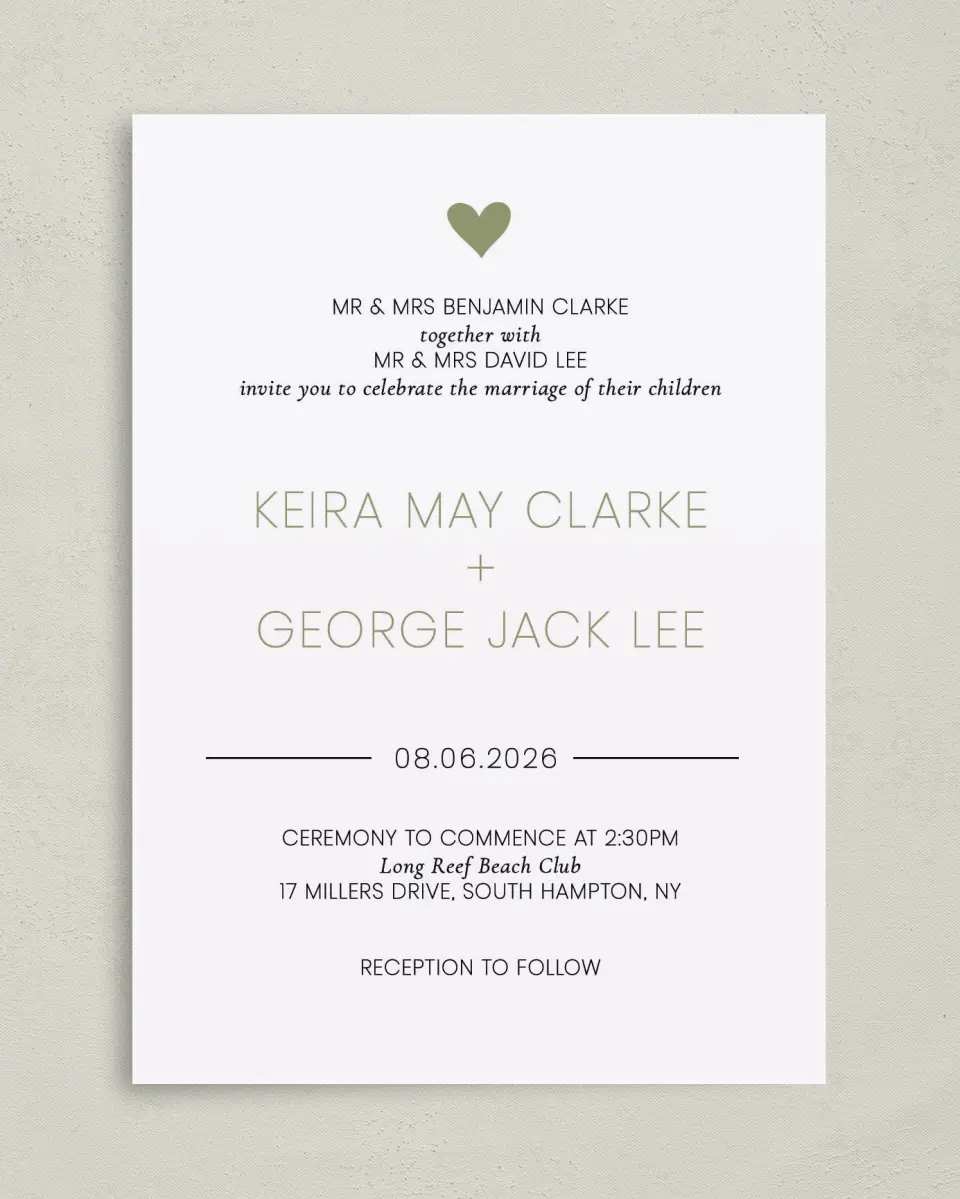 This is a 5" x 7" Classic Wedding Invitation called Heavenly Hearts printed in full color on Premium Smooth paper