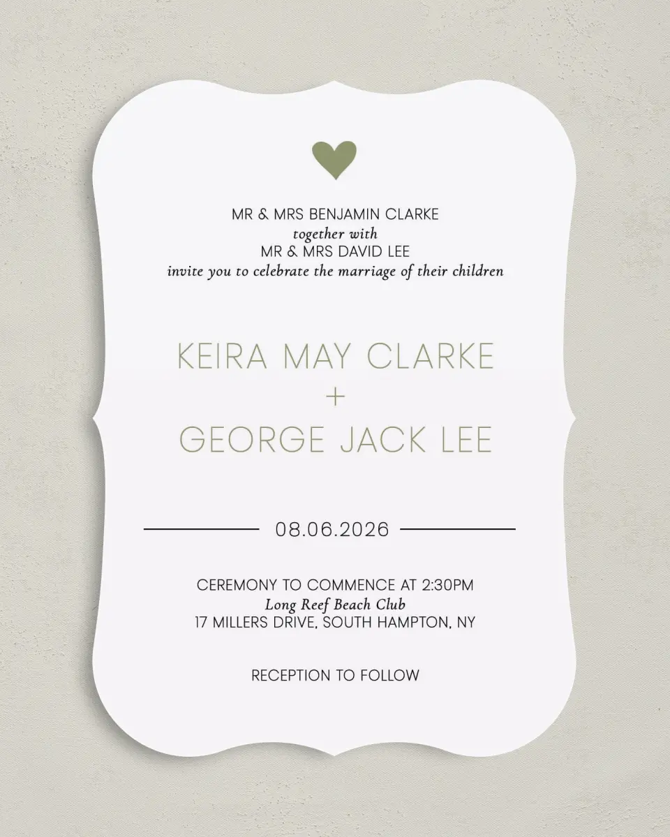 This is a 5" x 7" Bracket Wedding Invitation called Heavenly Hearts printed in full color on Premium Smooth paper