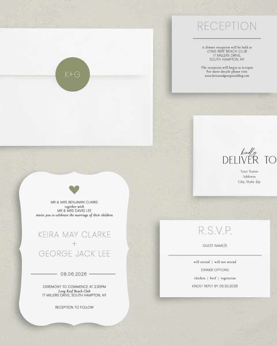 This is a 5" x 7" Bracket Wedding Invitation called Heavenly Hearts printed in full color on Premium Smooth paper