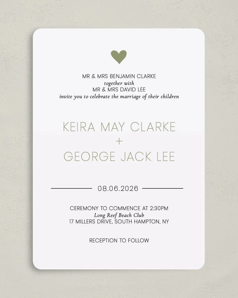 This is a 5" x 7" Rounded Wedding Invitation called Heavenly Hearts printed in full color on Premium Smooth paper