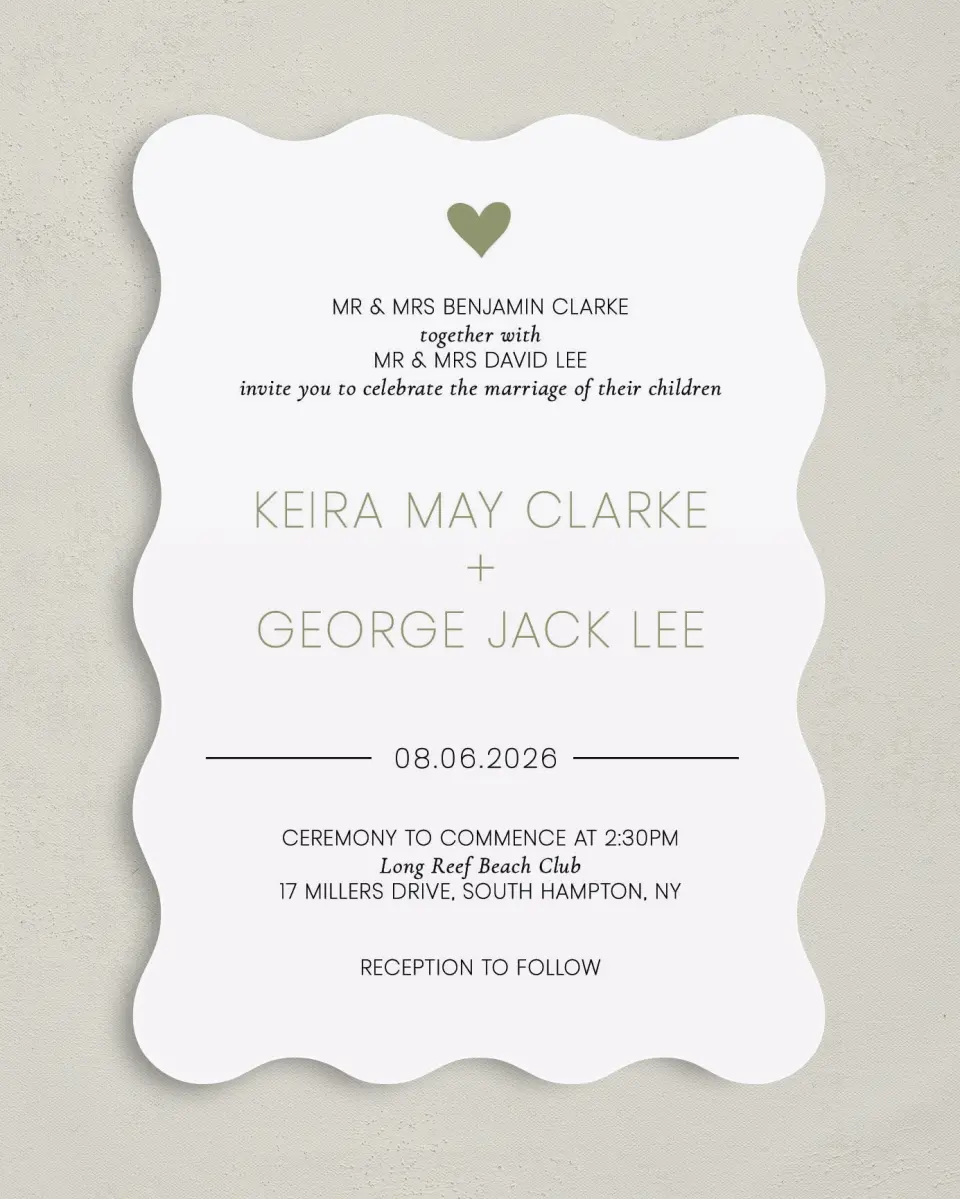 This is a 5" x 7" Wavy Wedding Invitation called Heavenly Hearts printed in full color on Premium Smooth paper