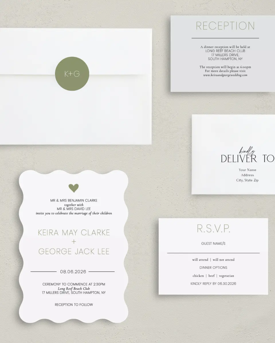 This is a 5" x 7" Wavy Wedding Invitation called Heavenly Hearts printed in full color on Premium Smooth paper