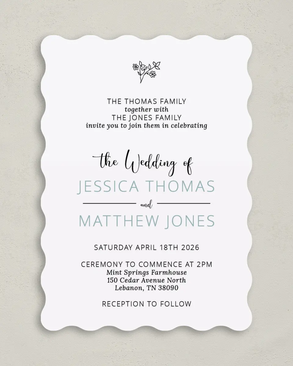 This is a 5" x 7" Wavy Wedding Invitation called Cool Blooms printed in full color on Premium Smooth paper