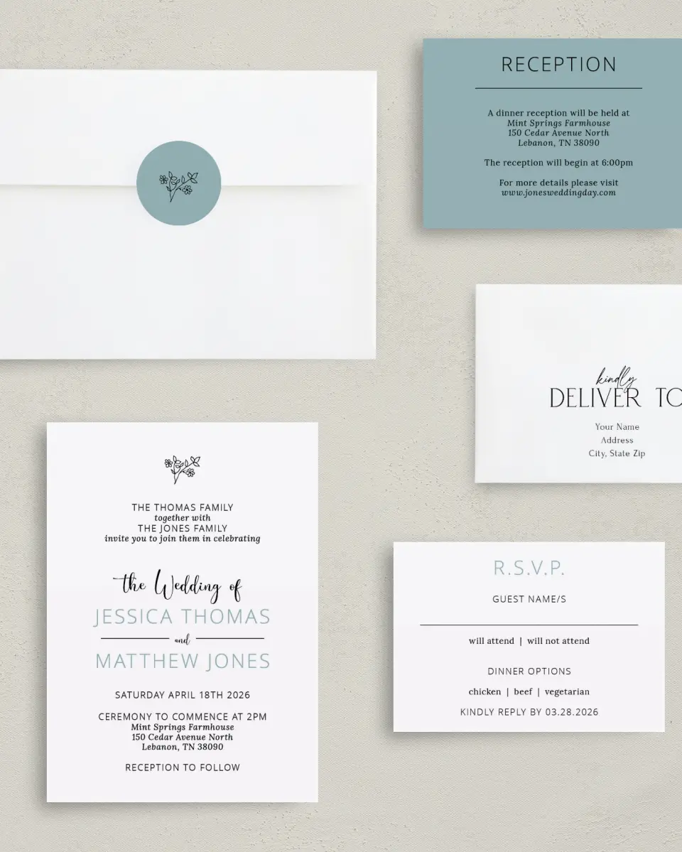 This is a 5" x 7" Classic Wedding Invitation called Cool Blooms printed in full color with Gold foil on Luxe Satin (coated) paper