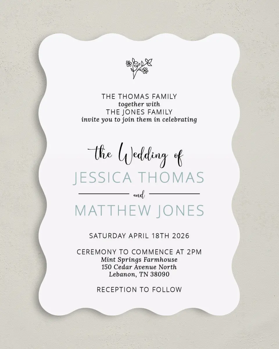 This is a 5" x 7" Wavy Wedding Invitation called Cool Blooms printed in full color on Premium Smooth paper
