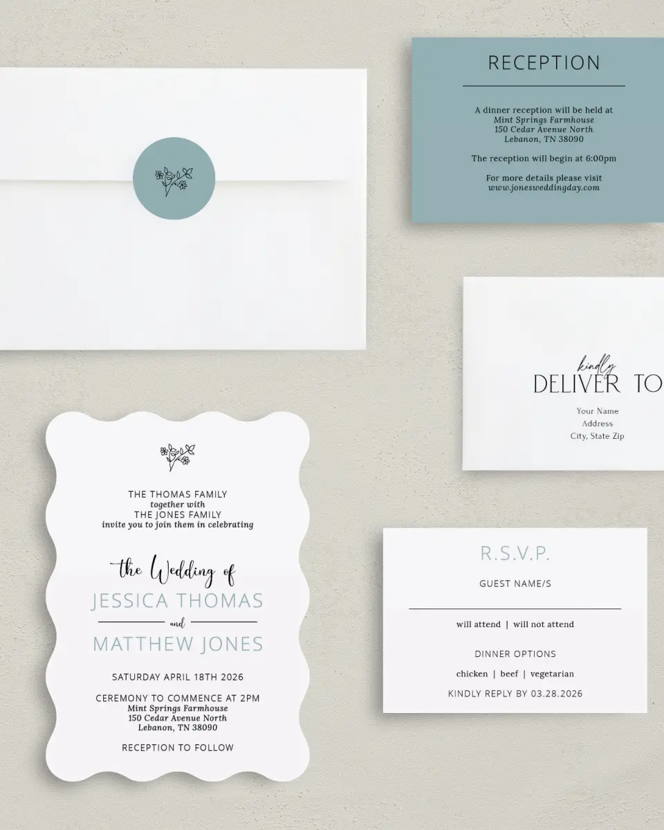 This is a 5" x 7" Wavy Wedding Invitation called Cool Blooms printed in full color on Premium Smooth paper