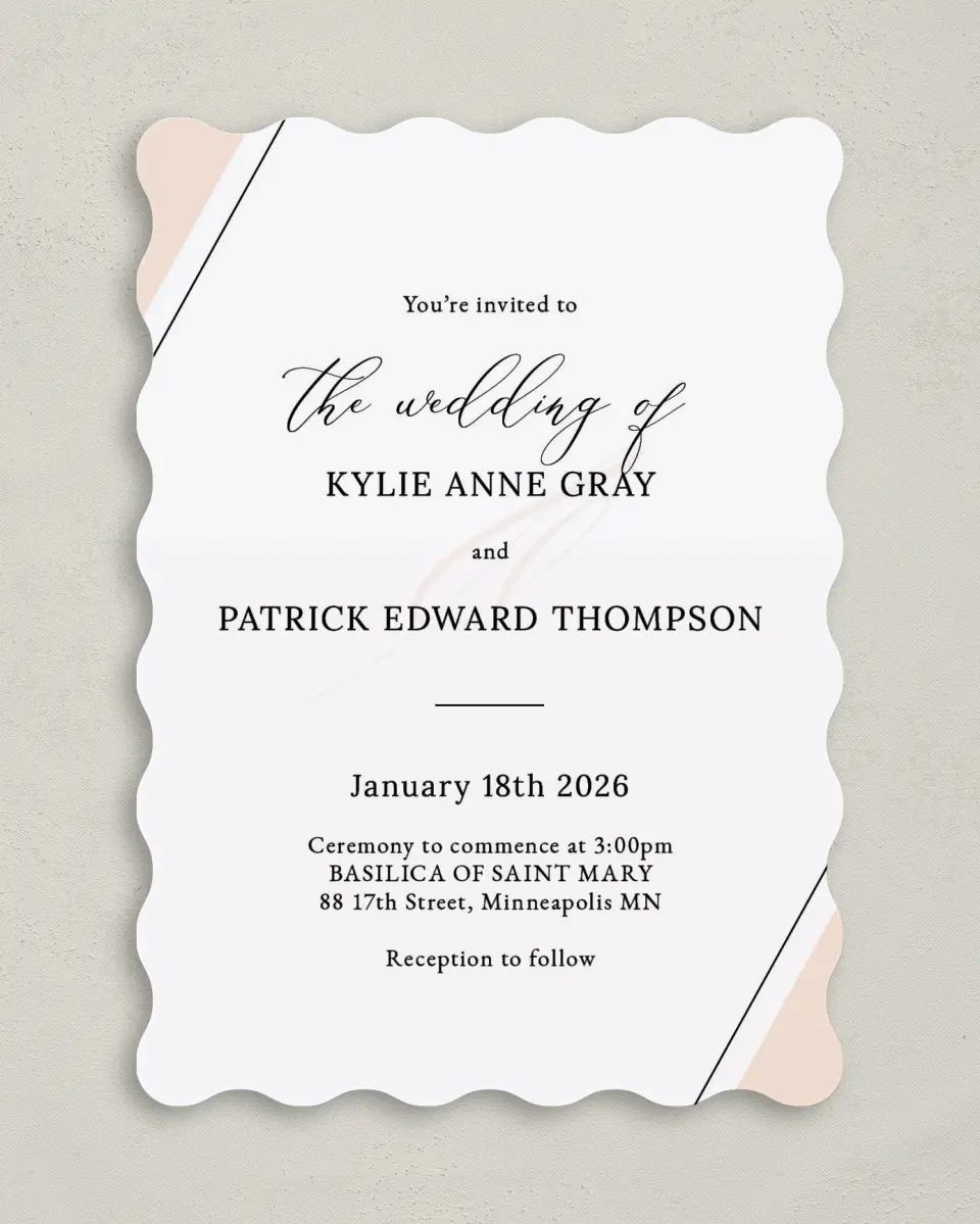 This is a 5" x 7" Wavy Wedding Invitation called Love Sweet Love printed in full color on Premium Smooth paper