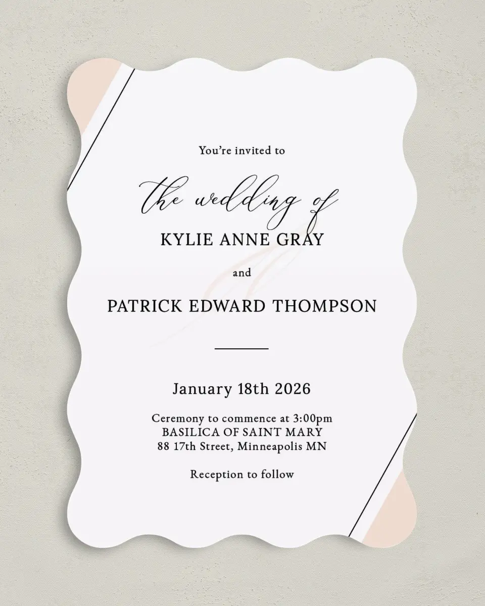 This is a 5" x 7" Wavy Wedding Invitation called Love Sweet Love printed in full color on Premium Smooth paper