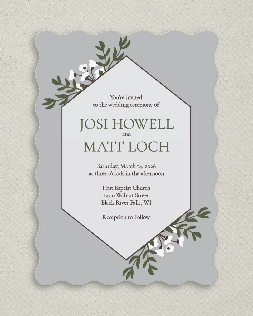 This is a 5" x 7" Wavy Wedding Invitation called Floral Bliss printed in full color on Premium Smooth paper