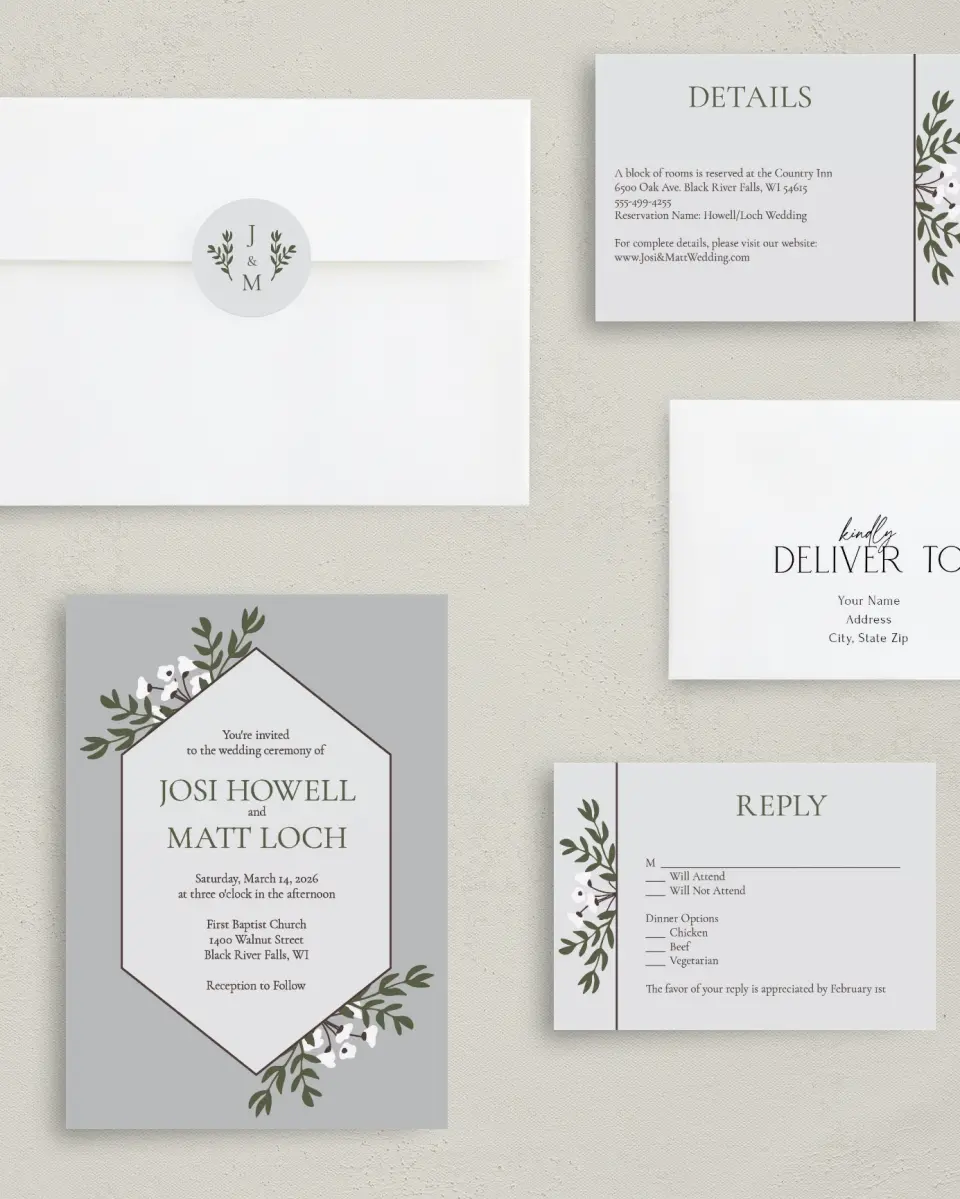 This is a 5" x 7" Classic Wedding Invitation called Floral Bliss printed in full color with Gold foil on Luxe Satin (coated) paper