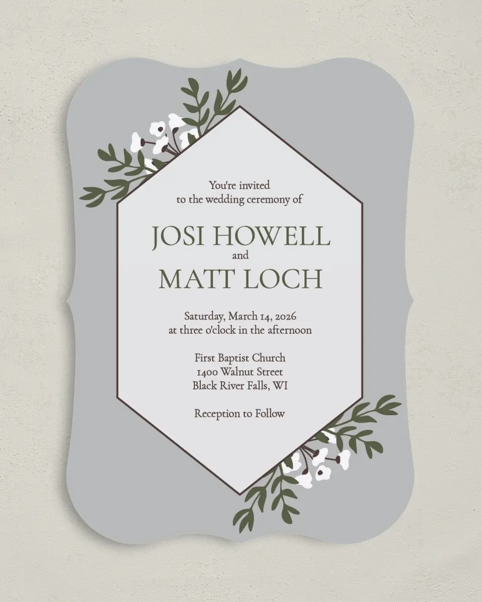 This is a 5" x 7" Bracket Wedding Invitation called Floral Bliss printed in full color with Silver foil on Luxe Satin (coated) paper