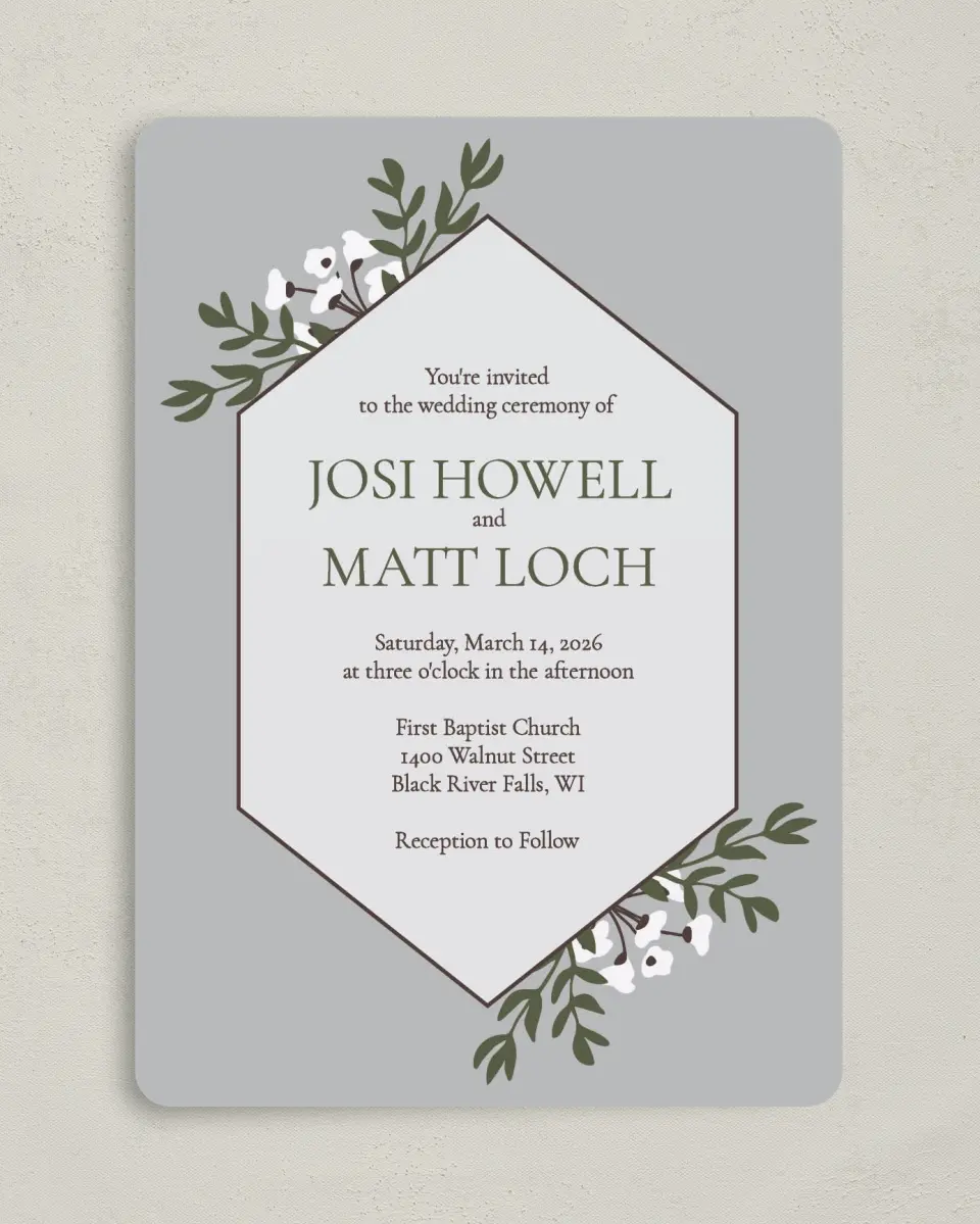 This is a 5" x 7" Rounded Wedding Invitation called Floral Bliss printed in full color on Premium Smooth paper