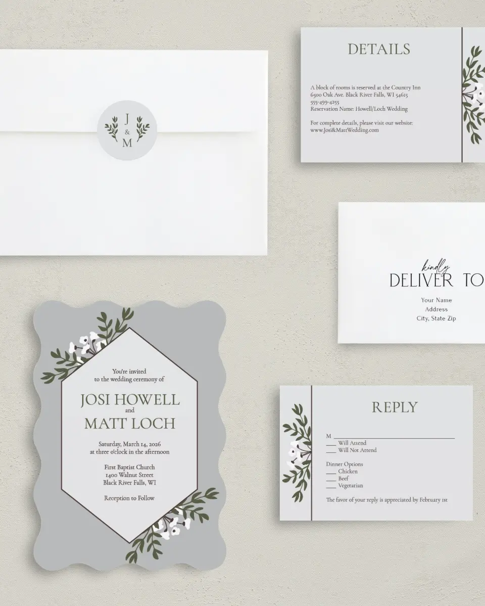 This is a 5" x 7" Wavy Wedding Invitation called Floral Bliss printed in full color with Silver foil on Luxe Satin (coated) paper