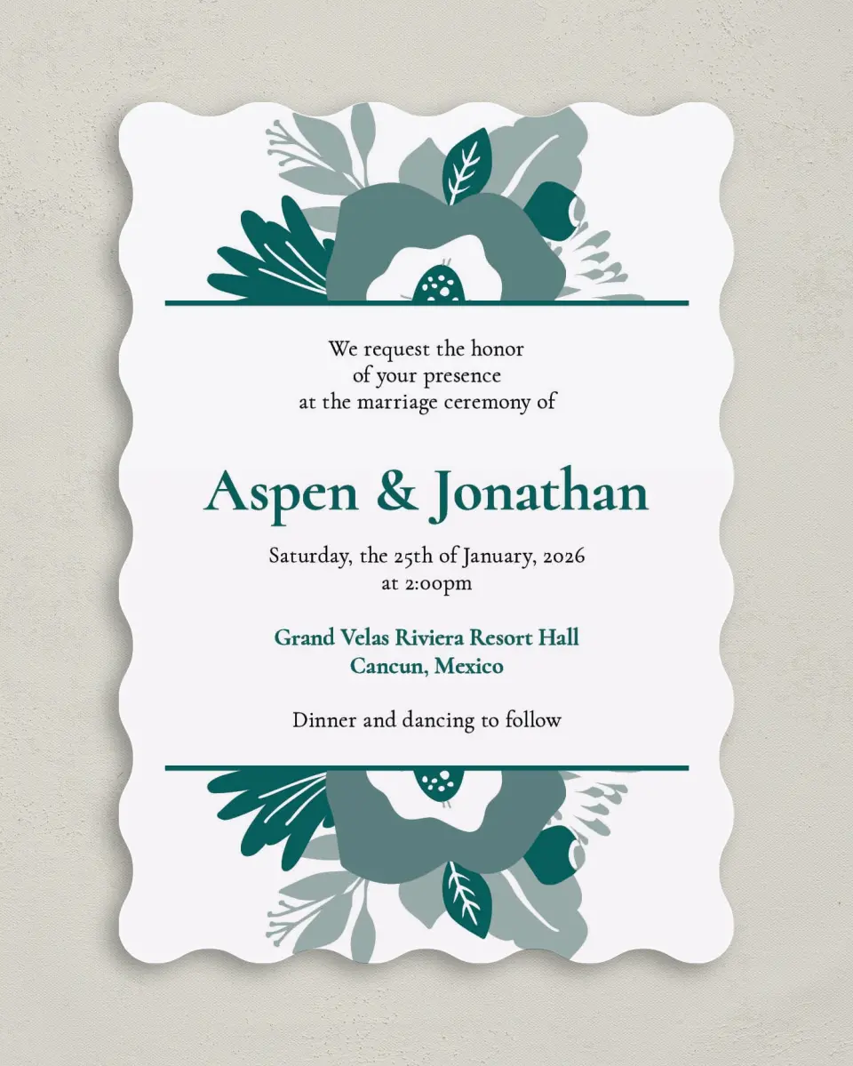 This is a 5" x 7" Wavy Wedding Invitation called Blooming Delight printed in full color on Premium Smooth paper