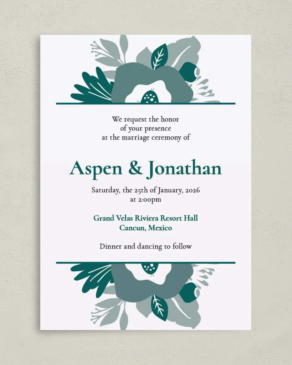 This is a 5" x 7" Classic Wedding Invitation called Blooming Delight printed in full color with Gold foil on Luxe Satin (coated) paper