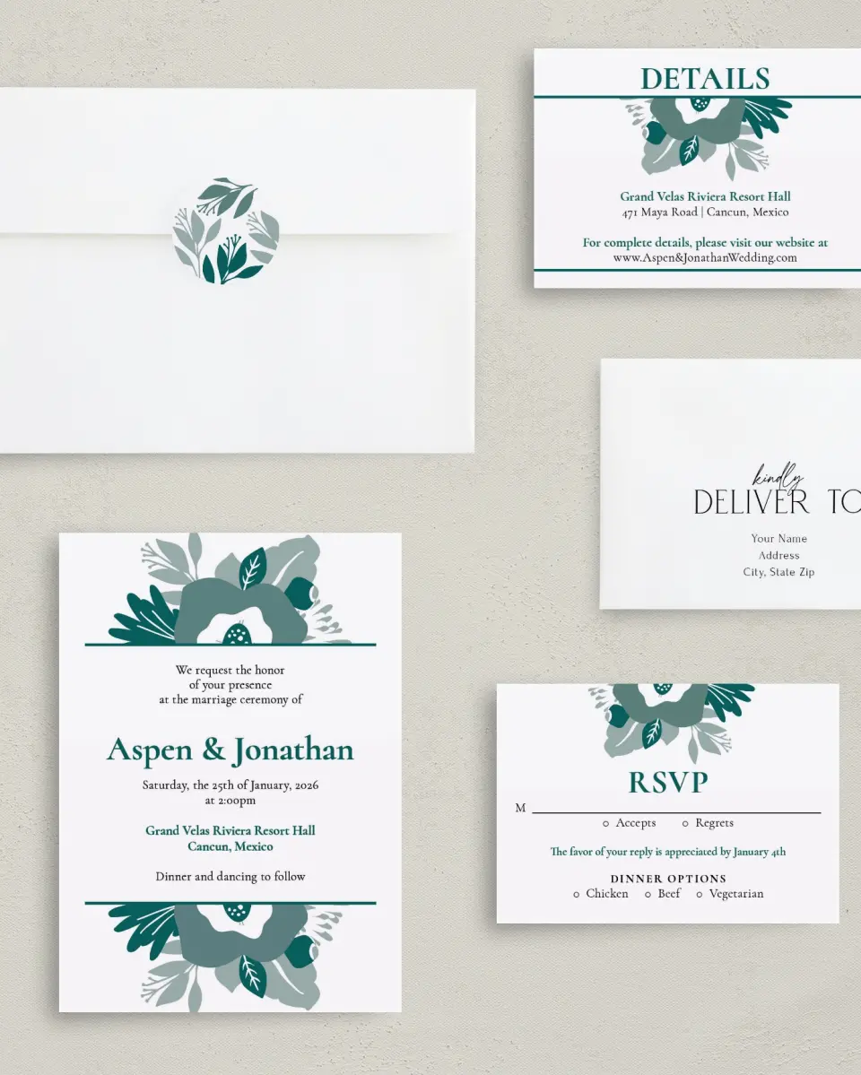 This is a 5" x 7" Classic Wedding Invitation called Blooming Delight printed in full color with Gold foil on Luxe Satin (coated) paper