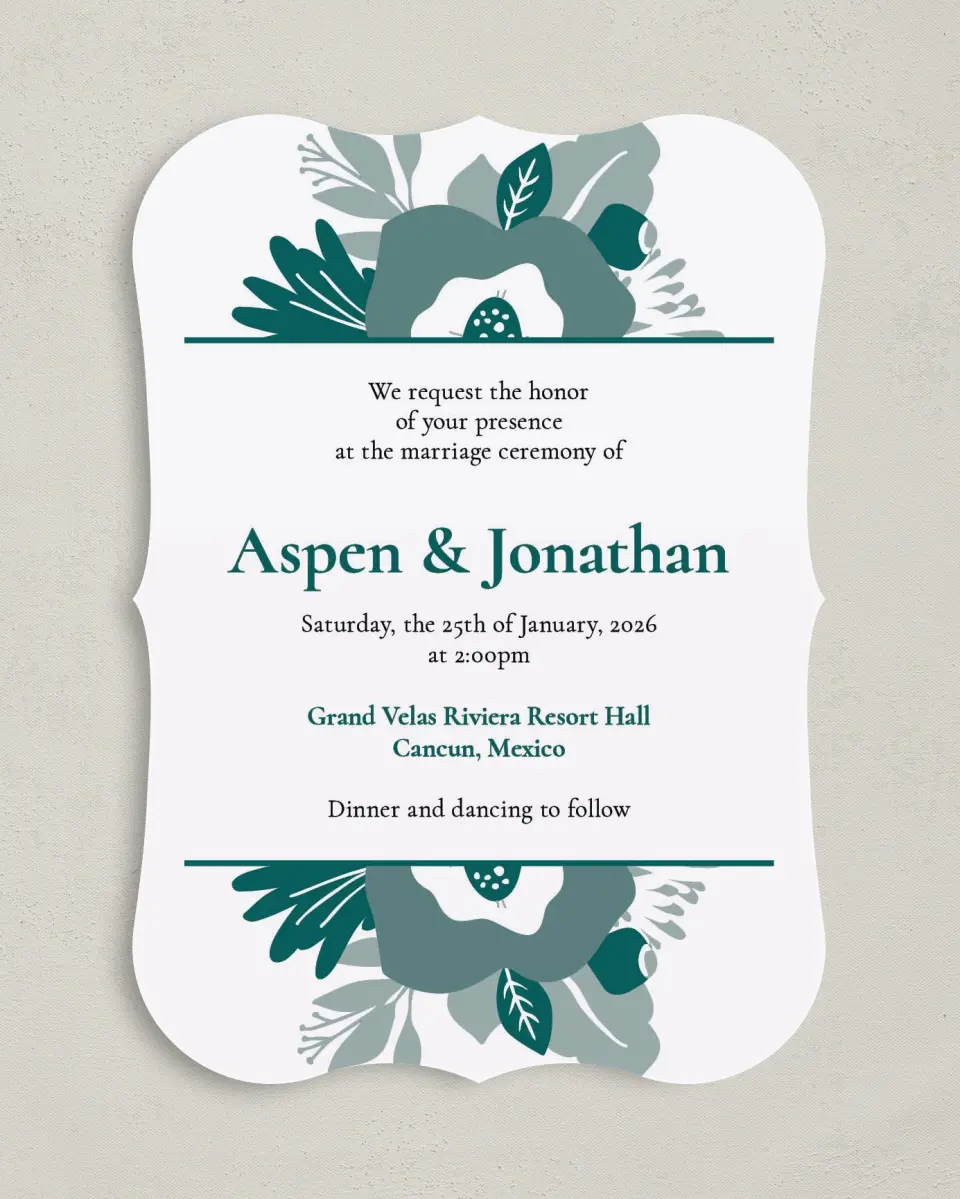 This is a 5" x 7" Bracket Wedding Invitation called Blooming Delight printed in full color on Premium Smooth paper