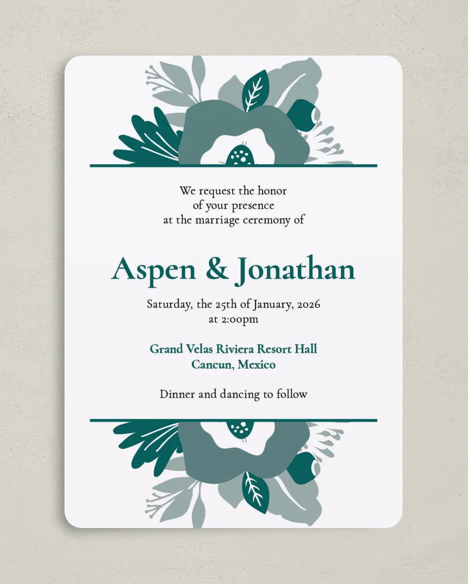 This is a 5" x 7" Rounded Wedding Invitation called Blooming Delight printed in full color on Premium Smooth paper