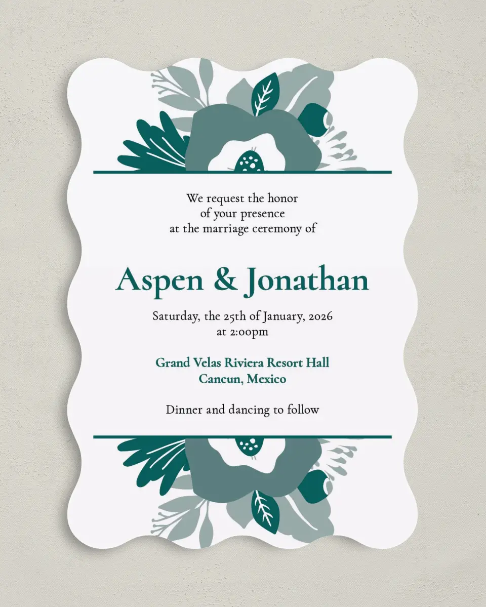 This is a 5" x 7" Wavy Wedding Invitation called Blooming Delight printed in full color on Premium Smooth paper