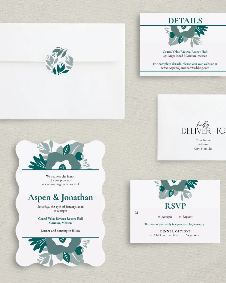 This is a 5" x 7" Wavy Wedding Invitation called Blooming Delight printed in full color with Gold foil on Luxe Satin (coated) paper