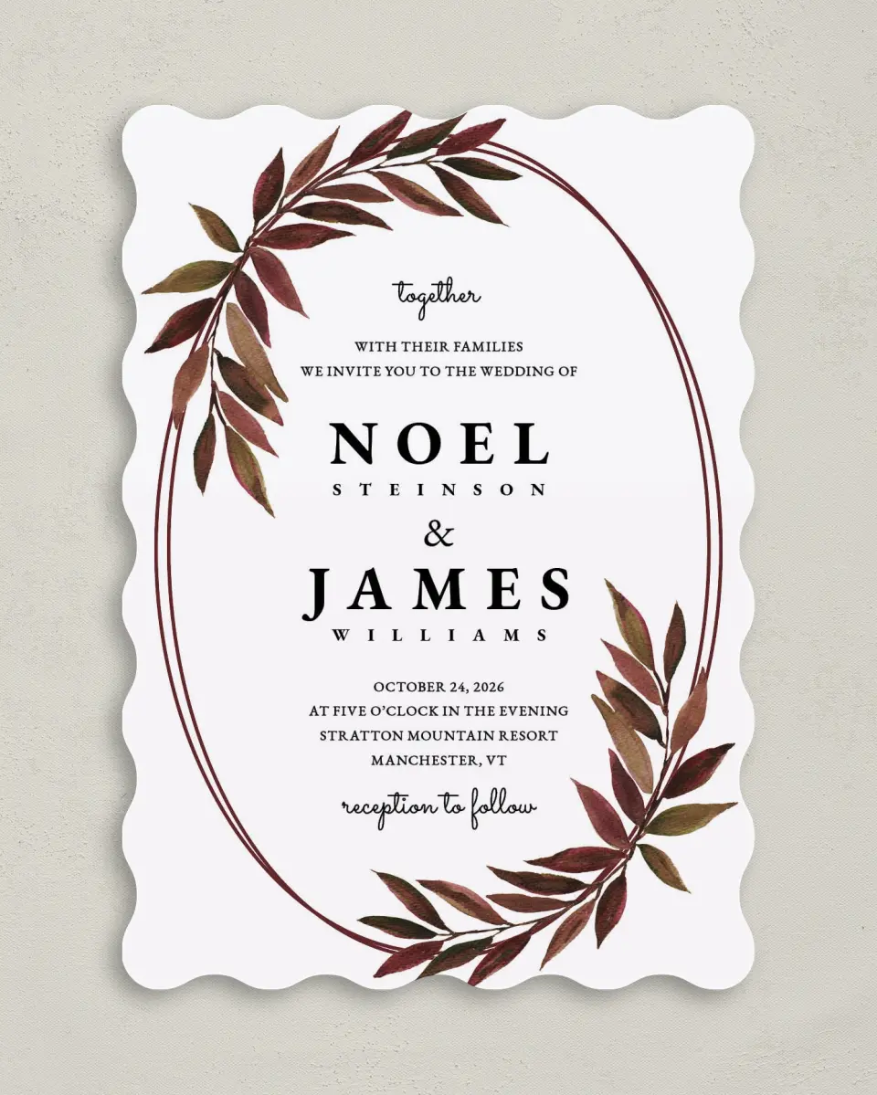 This is a 5" x 7" Wavy Wedding Invitation called Lavish Leaves printed in full color on Premium Smooth paper