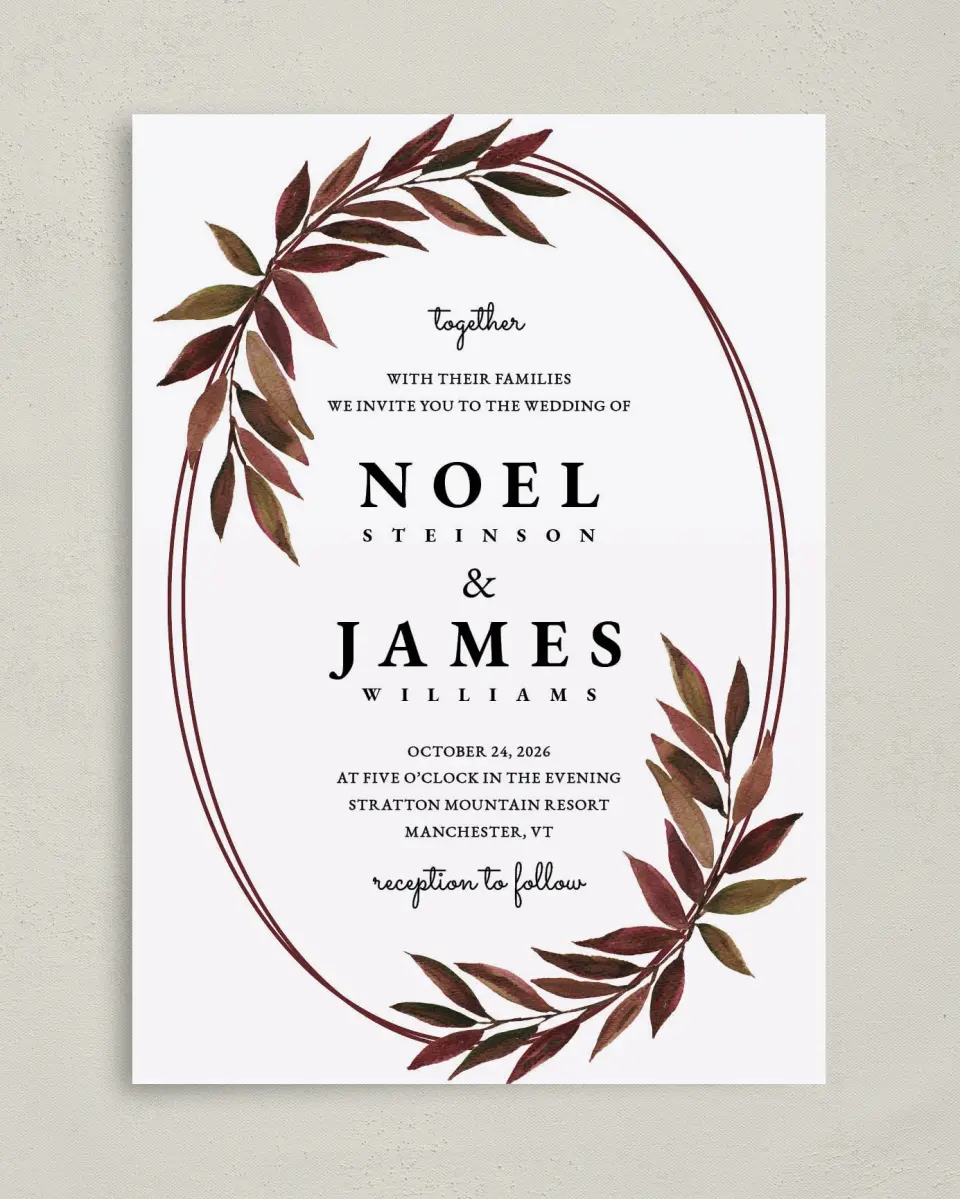 This is a 5" x 7" Classic Wedding Invitation called Lavish Leaves printed in full color on Premium Smooth paper