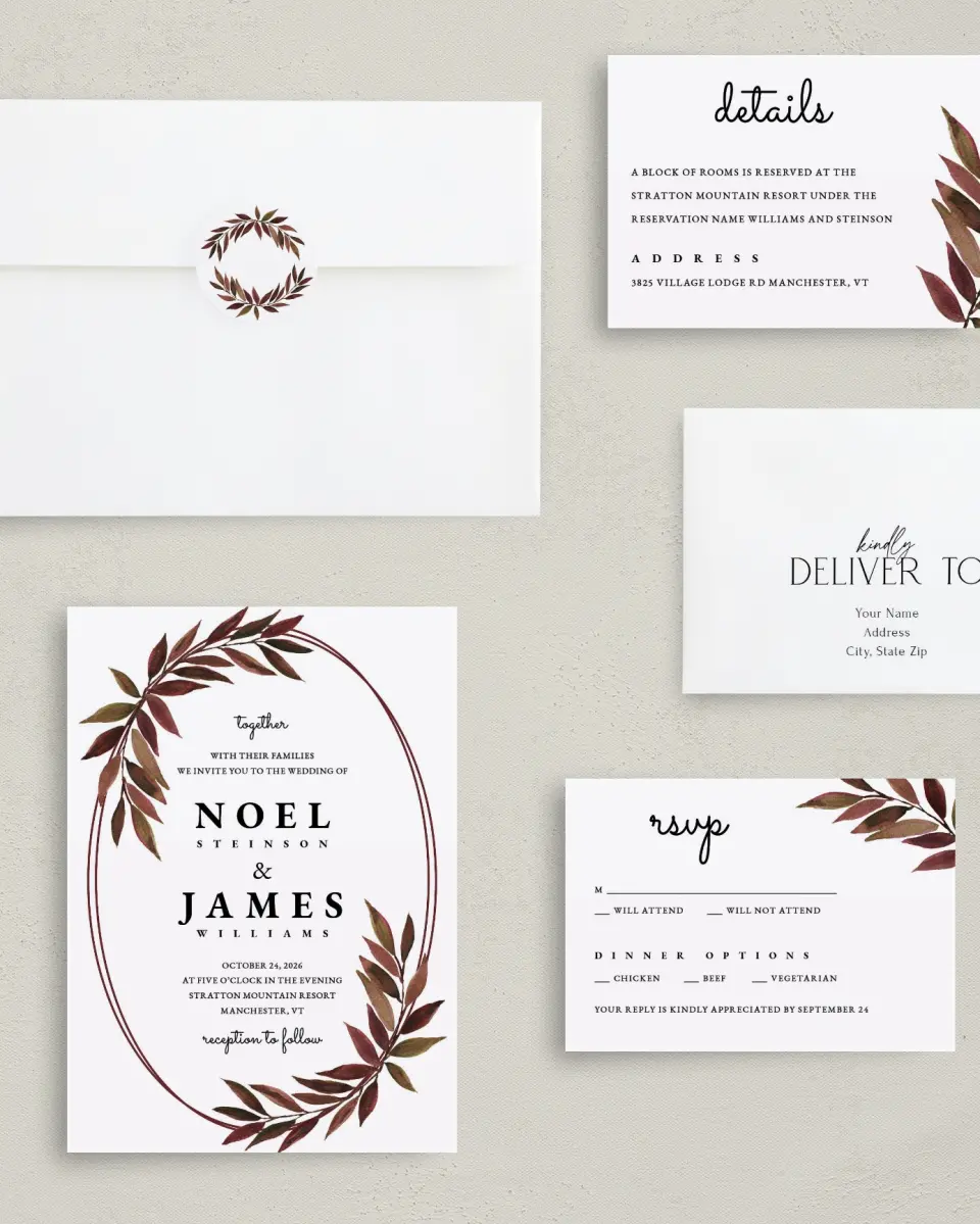 This is a 5" x 7" Classic Wedding Invitation called Lavish Leaves printed in full color with Gold foil on Luxe Satin (coated) paper